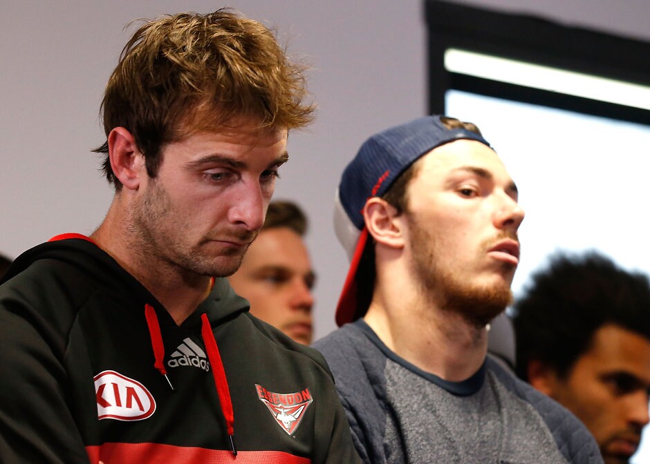 AFL 2015 Media - Essendon Press Conference 180815 Jobe Watson and Michael Hibberd, both of whom are now banned, at the media conference announcing James Hird's departure as coach - ${keywords}